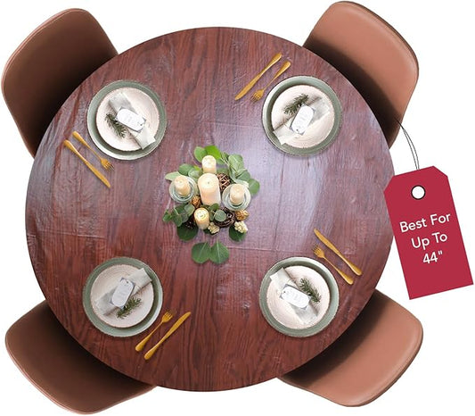 Violet Linen Woodgrain Elastic Round Table Cover, Small, Mahogany Wood