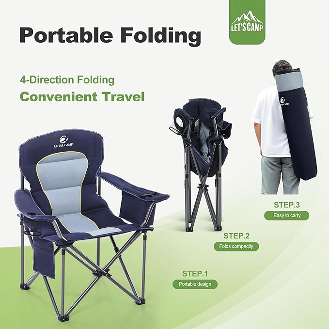 LET'S CAMP Oversized Folding Camping Chair Portable Outdoor Heavy Duty Padded Chairs Lawn Chair with Cup Holder, Storage Pocket and Cooler Bag, Supports 450LBS, for Camp, Travel, Picnic,2 Pack(Blue)