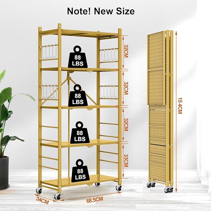 Storage Shelves with 20 Hooks, 5-Tier Foldable Shelves for Storage, Folding Shelf Unit Pantry Shelves with Wheels, Standing Shelving Unit for Kitchen Garage Home Office Room Greenhouse, Gold