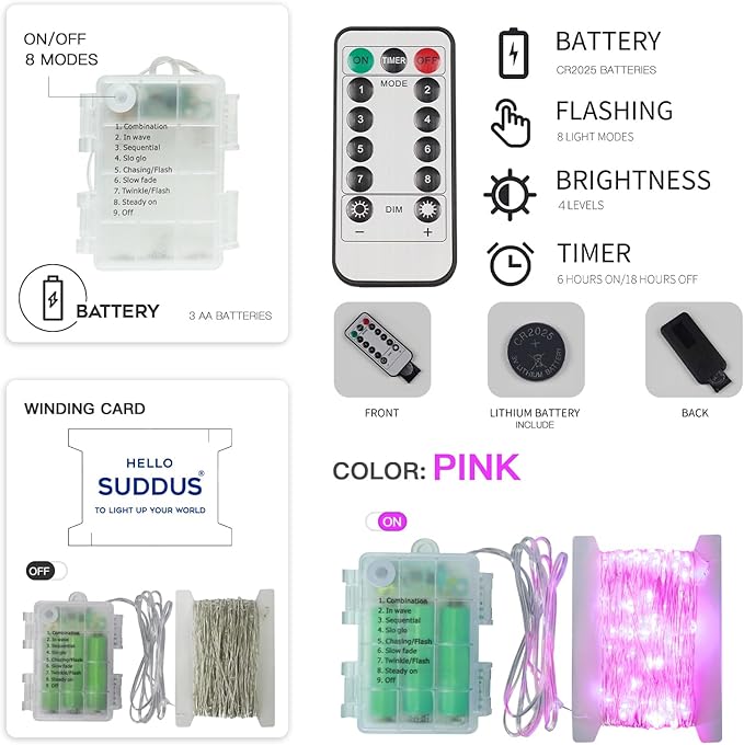 suddus Pink Fairy Lights Battery Operated Outdoor Waterproof, 33ft 100 Led String Lights with Remote, Twinkle Lights for Bedroom, Dorm, Tapestry, Christmas, Party Decorations