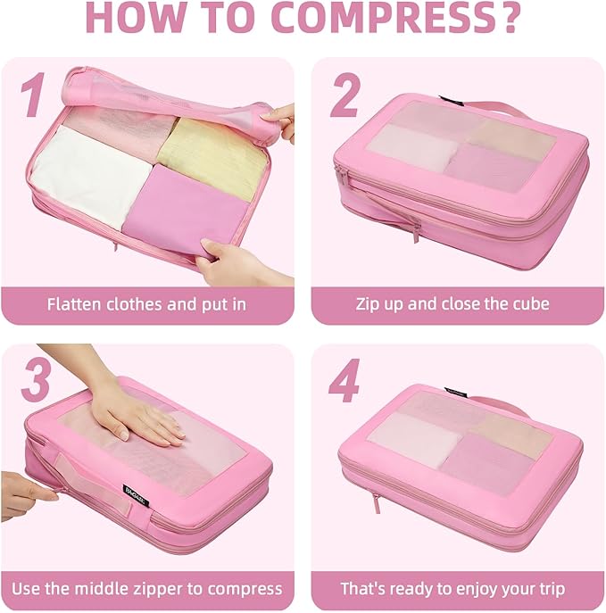 BAGAIL 4 Set/6 Set/8 Set Compression Packing Cubes Travel Accessories Expandable Packing Organizers (Square Mesh, 06-Pink)
