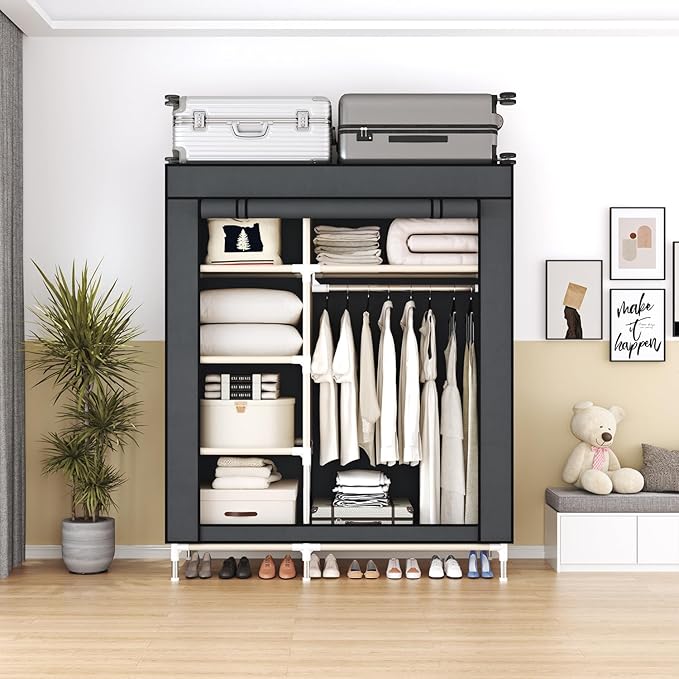 Portable Wardrobe Closet Durable and Easy to Assemble Heavy Duty Clothes Rack with Non-Woven Cover Fabric Best for Bedroom and Easy Storage and Organization (Grey-C)