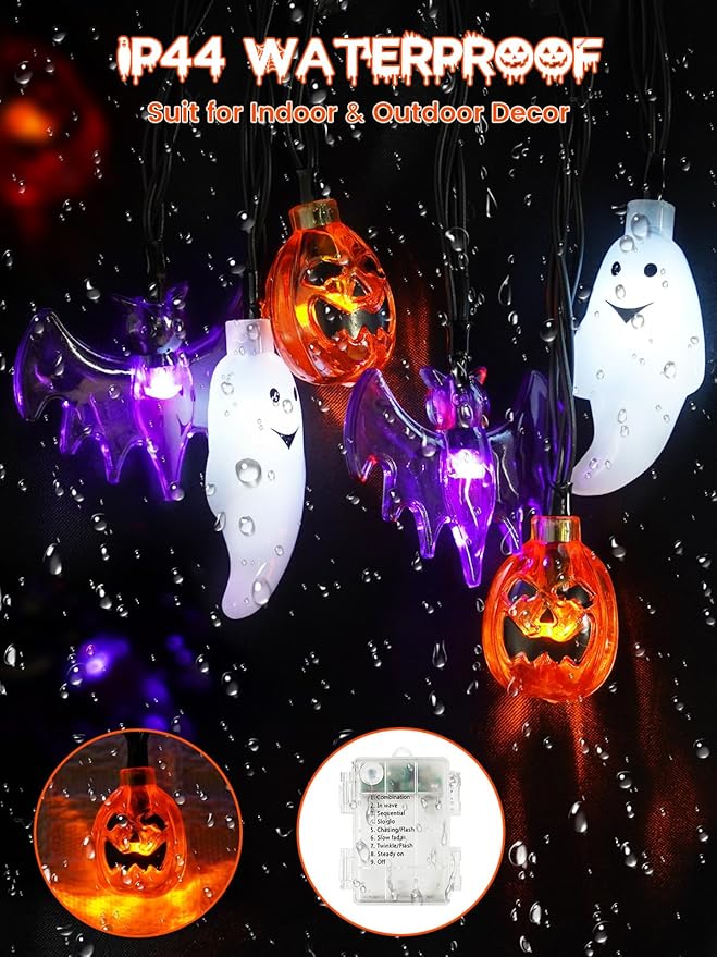 Halloween String Lights, 3D Pumpkin Bat Ghost Fairy Lights Battery Operated with Remote, 30LED Twinkle Light Waterproof 8 Modes & Timer for Halloween Parties Decorations Indoor Outdoor Windows Decor