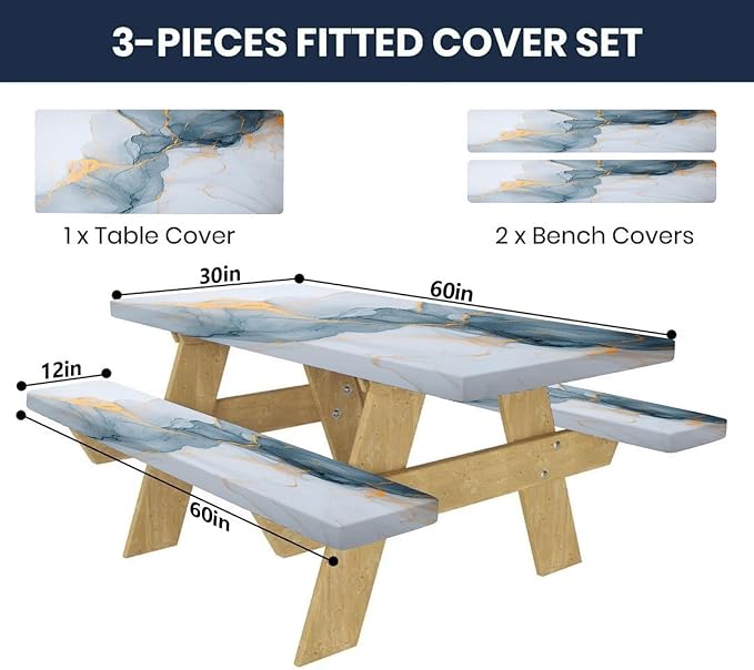 CAPSCEOLL Elastic Picnic Table Cover with Bench Covers 5Ft Waterproof Fitted Picnic Table Cover Cloths for Outdoors Camping Tablecloth with Drawstring Bag, 60X30in, Grey White Marble