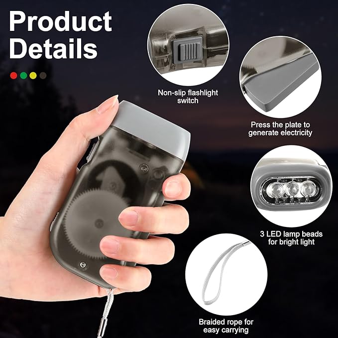 Mudder 24 Pieces Hand Crank Flashlight with LED Self Powered Charging Torch Dynamo for Camping Emergency(Red, Grey, Yellow, Green)