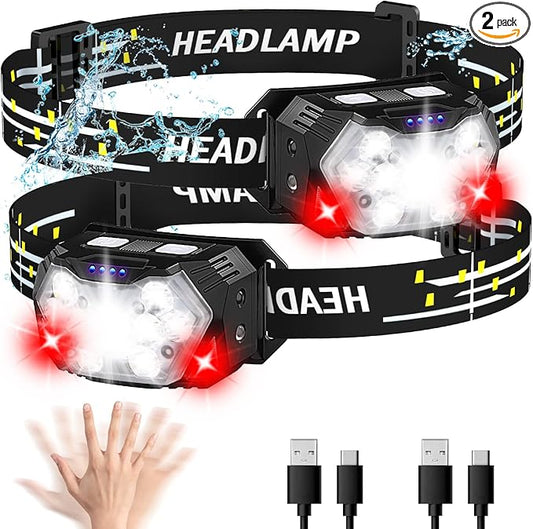 9 LED Headlamp Rechargeable 2 Pack, 2000 Lumens Super Bright Head Lamp with Red Light, 10 Modes, Motion Sensor and Adjustable, IPX5 Waterproof Headlight for Camping Hiking Running