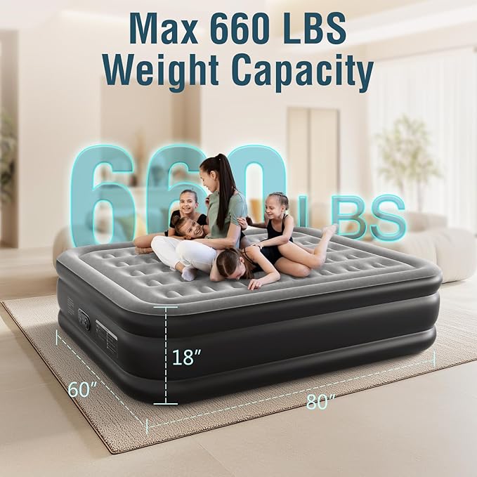 Air Mattress 18", Queen Air Mattress with Built in Pump, Inflatable Mattress with Soft Flocked Top and Portable Carry Bag Adjustable Blow Up Mattress for Guest, Indoor, Travel (Black)
