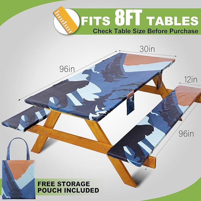 Fitted Picnic Table Cover with Bench Covers Waterproof Elastic Edges Rectangle Patio Tablecloth Outdoor Camping Essentials Stuff Rv Accessories Summer Trip Travel Supplies Party Camper Gifts, 8 ft