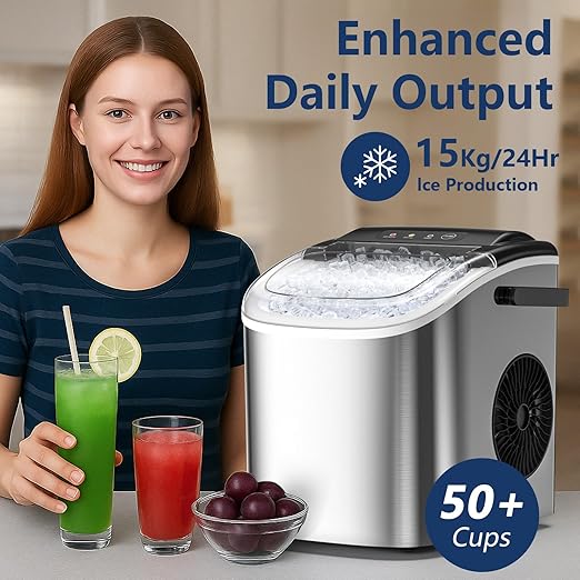 Portable Bullet Ice Maker Machine, One-Click Operation Ice Machine 34LBS/24Hr Production, 6-8 Minutes Quick Ice Making, 1.2L Water Tank, Silver