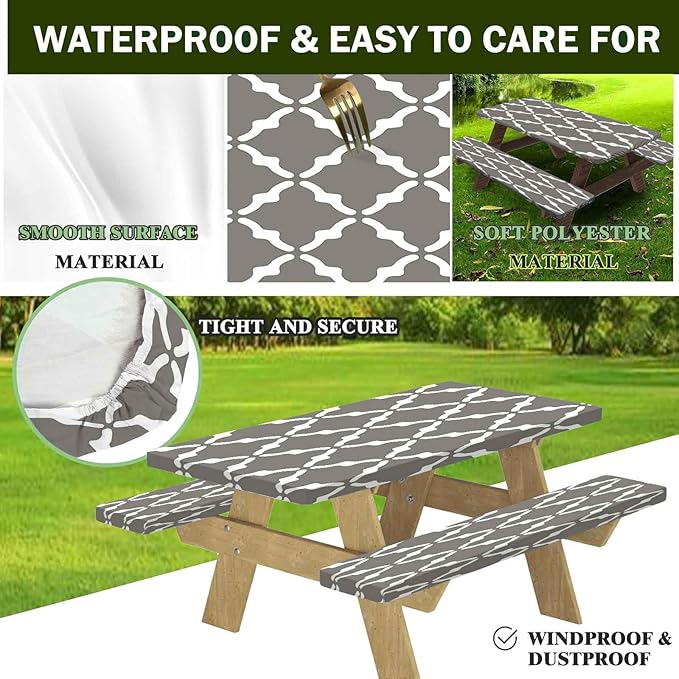 CAPSCEOLL Elastic Picnic Table Cover with Bench Covers 5Ft Waterproof Fitted Picnic Table Cover Cloths for Outdoors Camping Tablecloth with Drawstring Bag, 60X30in, White Grey