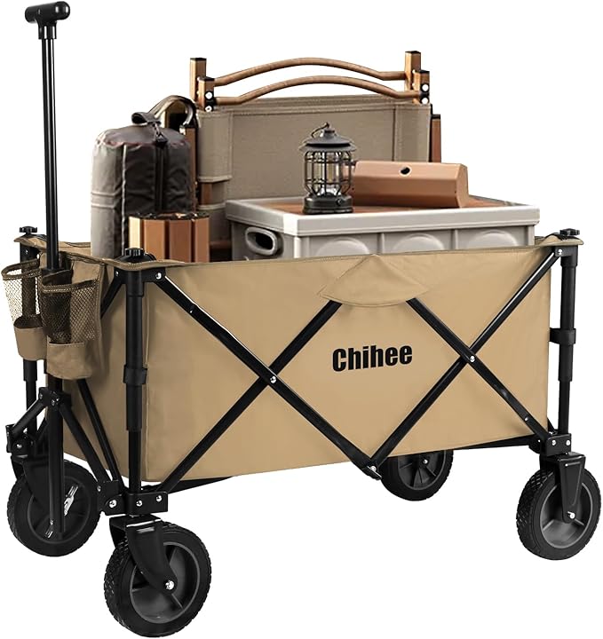 Chihee Folding Beach Wagon Cart Garden Cart Heavy-Duty with 2 Cup Holders,Camp Cart for Gimballed Wheels with Braking System Large Capacity Removable Fabric,for Sporting Events,Camping,Beach Trips