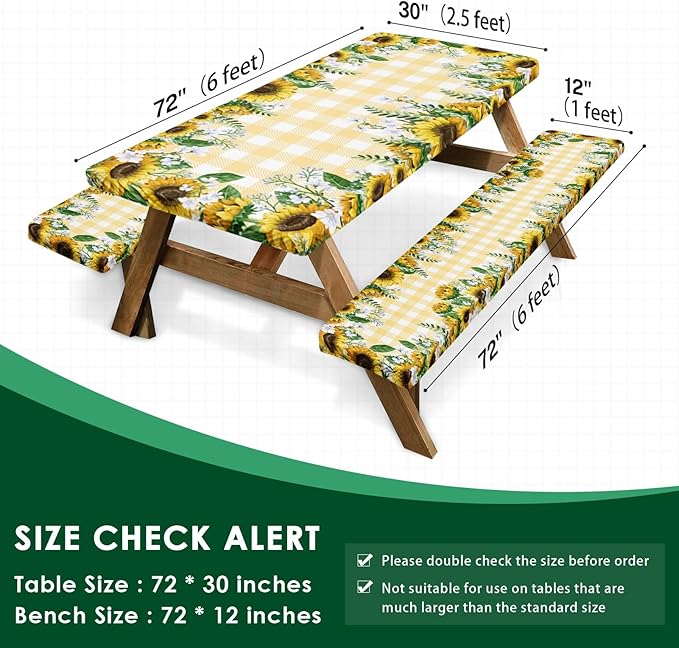 Picnic Table Cover with Bench Covers Elastic Edges, Yellow Fitted Table Cover, Outdoor Patio Camping Essentials 72 Inch 3PCS, Waterproof Camping Fitted Tablecloth with Drawstring Bag