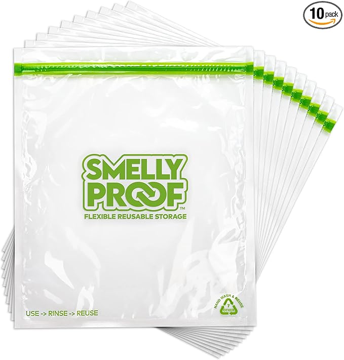 Smelly Proof Reusable Storage Bags for Food Bags - MADE IN USA, Easy Clean, Dishwasher-Safe, BPA FREE, NO PEVA, XL 3-mil Thick Bags, Extra Large Clear FLAT 10.5" x 12" GALLON 10-Pack