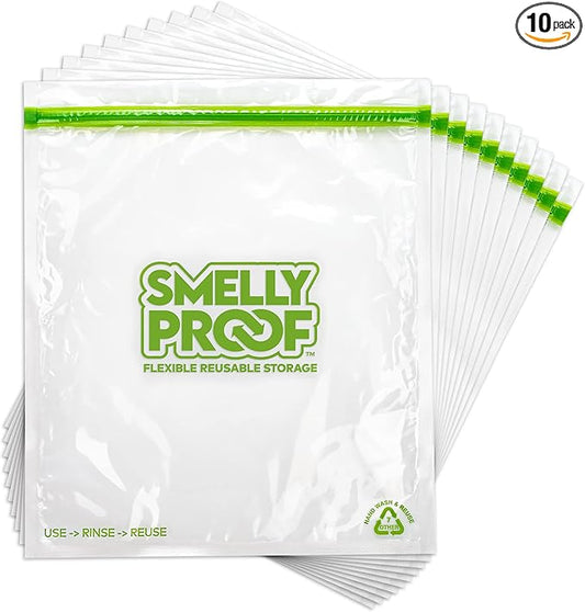 Smelly Proof Reusable Storage Bags for Food Bags - MADE IN USA, Easy Clean, Dishwasher-Safe, BPA FREE, NO PEVA, XL 3-mil Thick Bags, Extra Large Clear FLAT 10.5" x 12" GALLON 10-Pack