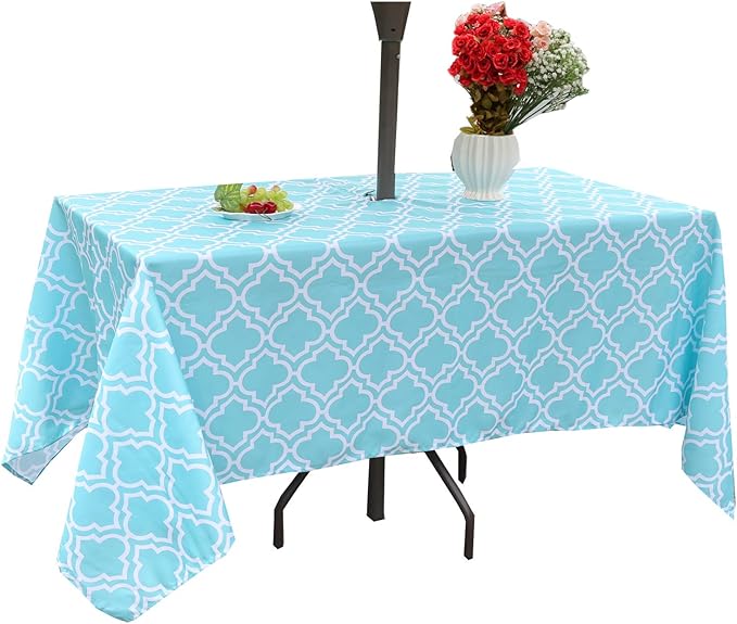 Poise3EHome 60X84 Outdoor/Indoor Waterproof Spillproof Rectangle Tablecloth with Umbrella Hole for Camping, Picnic, Afternoon Tea, BBQ, Aqua Blue