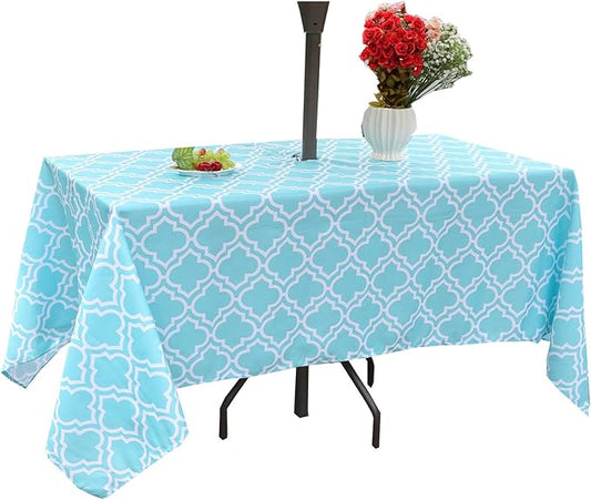 Poise3EHome 60X84 Outdoor/Indoor Waterproof Spillproof Rectangle Tablecloth with Umbrella Hole for Camping, Picnic, Afternoon Tea, BBQ, Aqua Blue