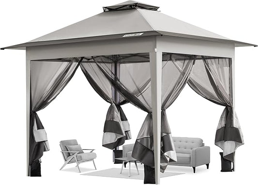 VIVOHOME Pop Up Gazebo 10x10ft Outdoor Canopy Tent with Mosquito Netting & 2 Tiers Roof for Patio Garden Backyard, Grey