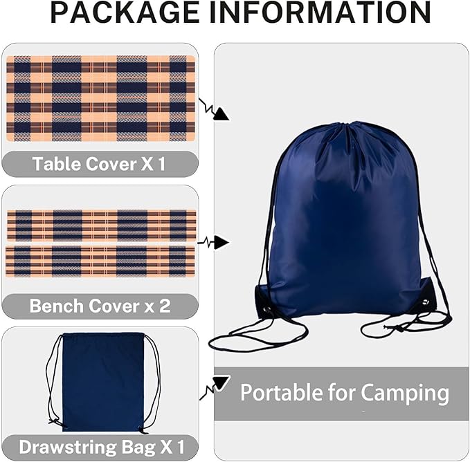CAPSCEOLL Fitted Picnic Table Cover with Bench Covers with Elastic 8Ft Waterproof Picnic Table Cloths Windproof Outdoor Camping Tablecloth with Drawstring Bag, 96X30in, Autumn Plaid