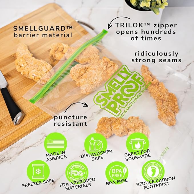 Smelly Proof 50pk Reusable Food Storage Bags - Made in USA, Dishwasher-Safe, BPA FREE, NO PEVA, XL Clear FLAT 10.5" x 12"