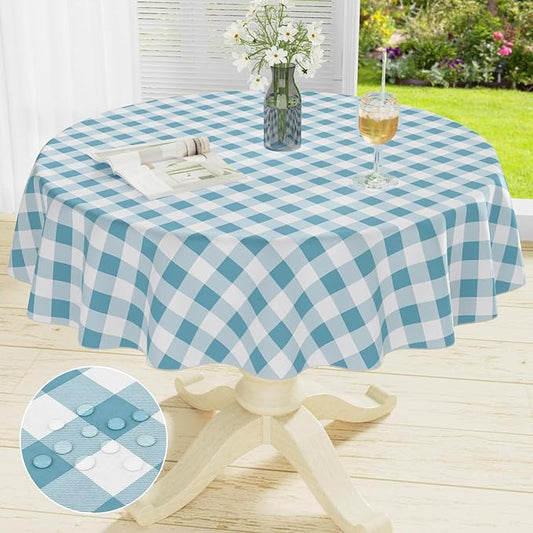 misaya Round Waterproof Vinyl Table Cloth, Buffalo Flannel Backed Tablecloth, Wipeable Plastic Table Cover for Dinner, Kitchen, Picnic (60", Aquamarine and White)