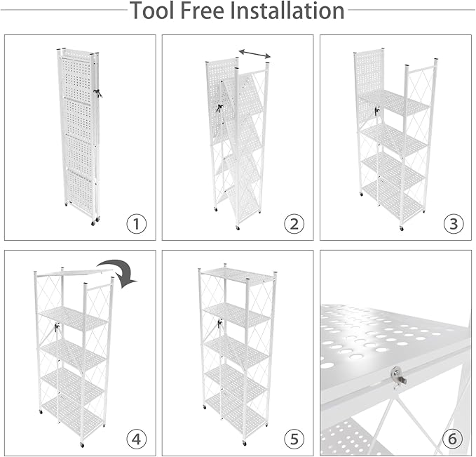 5 Tier Folding Shelf with Wheels,Metal Steel Collapsible Shelves,No Assembly Portable Shelves Organizer Rack,Rolling Standing Utility Rack for Kitchen, Pantry, Office, White