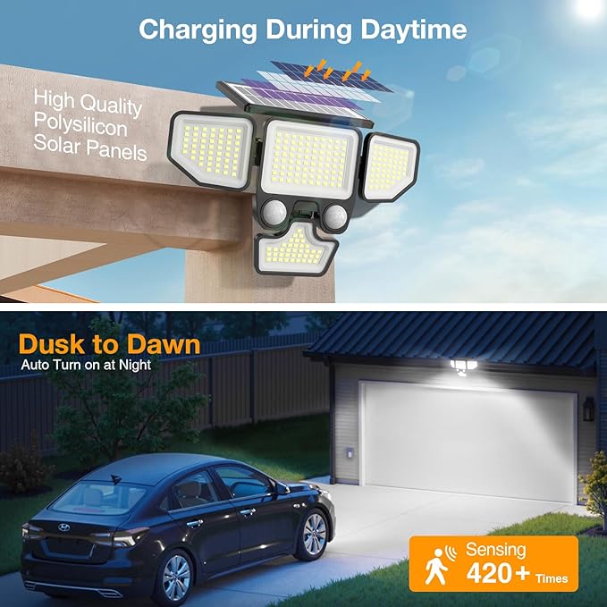 3000LM Solar Lights Outdoor, 4 Heads Solar Security Lights with Remote Control, 180 LEDs IP65 Waterproof Motion Sensor Lights 3 Modes Flood Lights for Wall, Porch, Yard, Outside, 3 Pack