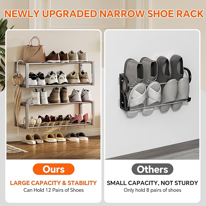 Homeiju Hanging Shoe Organizer,2 Pack Wall Mounted Shoe Rack Holds 12 Pairs,Space Saving Metal Wall Shoe Rack,Hanging Shoe Rack Shoe Holder for Small Space,Entryway,Closet,RV,Camper (Silver)