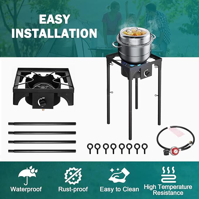 Single Burner Propane Stove, 75,000 BTU/hr, High Pressure Outdoor Propane Burner with 0-20 PSI Regulator and 4ft Hose, Gas Stove for Patio Backyard Camping with Detachable Stand Legs