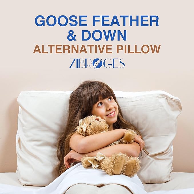 Goose Feather Pillow Queen Size Set of 2 - Down Hotel Bed Pillows for Sleeping, Soft 600 Thread Count Cotton Cover, Fluffy Support Surround Fill Polyester for Back, Stomach, Side Sleepers