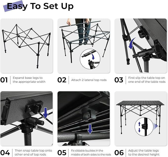 Camping Table Folding Portable Camp Aluminum Fold Up Lightweight Roll Up Table Adjustable Height with Carry Bag Indoor Outdoor for Camping, Picnic, Backyard, BBQ, Patio, Black