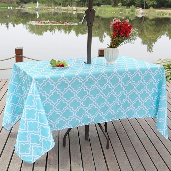 Poise3EHome 60X84 Outdoor/Indoor Waterproof Spillproof Rectangle Tablecloth with Umbrella Hole for Camping, Picnic, Afternoon Tea, BBQ, Aqua Blue