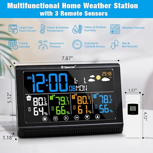 Geevon Weather Station Wireless Indoor Outdoor Thermometer 3 Sensors, Color Display Digital Temperature Humidity Monitor with Barometer, Calendar, USB Charge and Adjustable Backlight