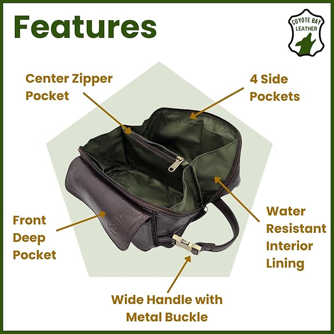 Coyote Bay® Premium Full Grain Soft Leather Makeup Bag Large 9 Inch, Travel Organizer Pouch, Shaving Kit, Cosmetics Toiletry Bathroom Organizer Kit
