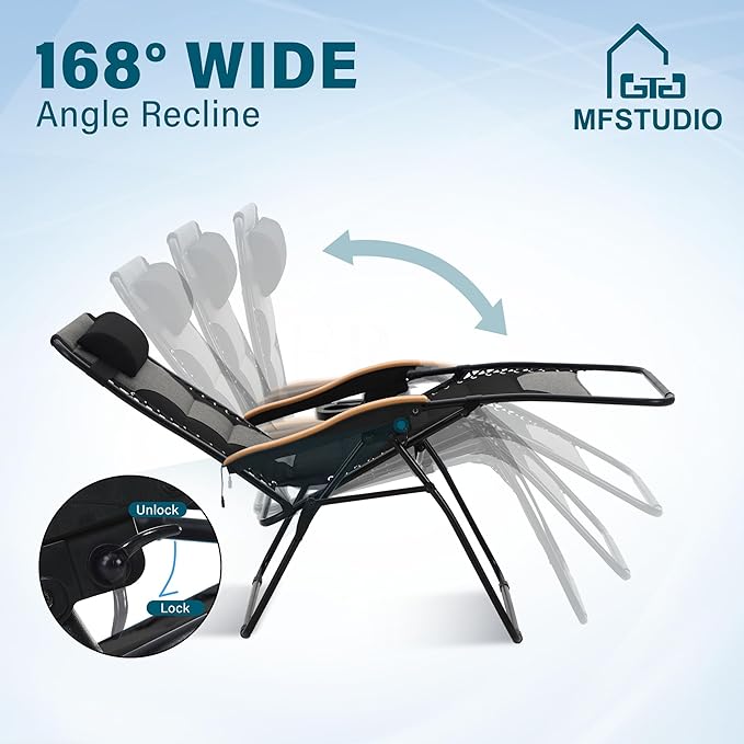 MFSTUDIO Zero Gravity Chairs, Oversized Patio Recliner Chair, Padded Folding Lawn Chair with Cup Holder Tray, Support 400lbs, Black