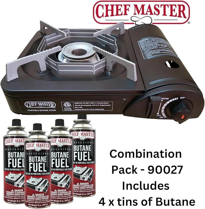 Portable Butane Camping Stove COMBO, Piezo Ignition Wind-Guard 7,650 BTU Portable Stove Burner w/ 4 x 8oz. Butane Fuel Canister for Emergencies, Hiking & Outdoor Camping Essential by Chef Master 90027