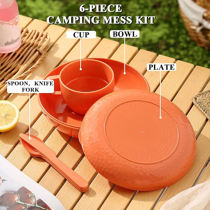 Homquen 6-Piece Camping Mess Kit with Bowl, Plate, Cup, Spoon, Fork, Knife and Carry Bag, Camping Accessories Essentials Gear Light Weight and Small Space Easy to Carry or Put in Backpack