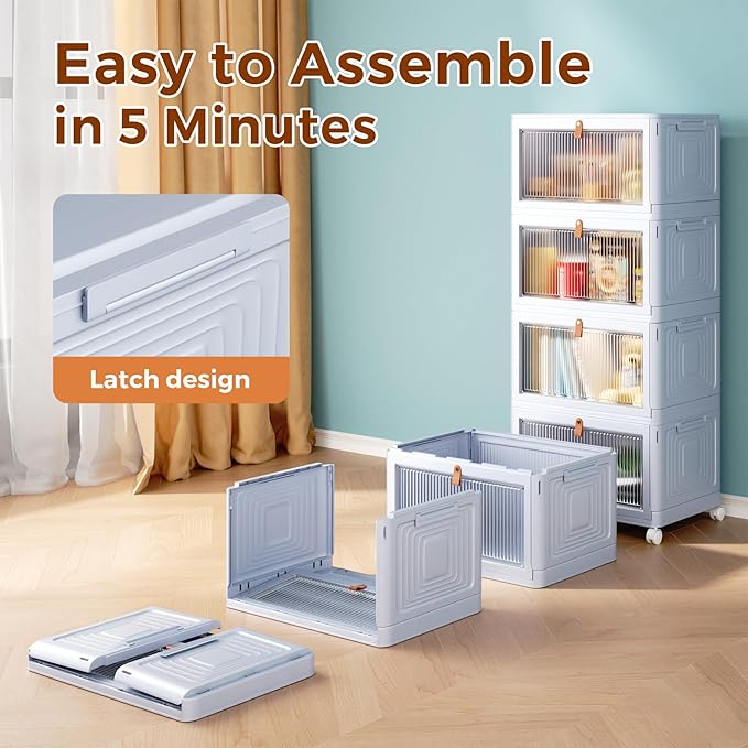 4 Tier Stackable Plastic Storage Bins with Lid and Wheels - 23 QT Closet Organizers and Storage, Foldable Storage Containers, Organization and Storage Boxes for Craft, Home, Pantry, Dorm,Grey