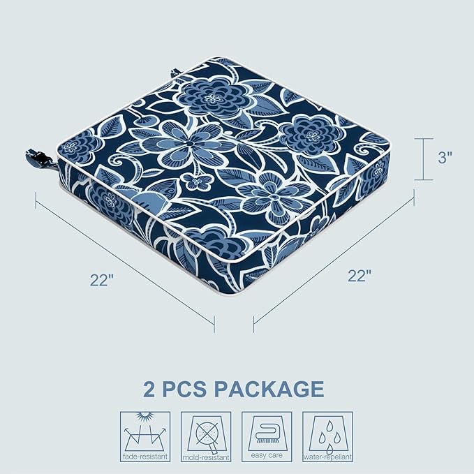 LVTXIII Patio Chair Cushions 22"x22"x3", Water-Repellent Outdoor Seat Cushions for Patio Furniture, Square Chair Pads with Ties for Home Garden Decoration, Set of 2, Flower Navy