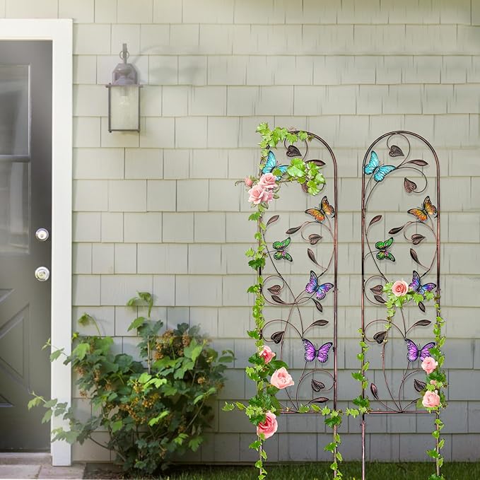 aboxoo Set of 2 Packs Butterfly Metal Garden Trellis for Climbing Plants,Outdoor Decorative Flowers Arch Fence Trellis for Outdoor Patio,Garden,Lawn,Yard,Backyard,Wall Brackets,60'' H x 11'' W