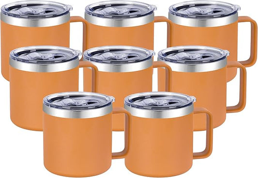 VEGOND 14 oz Insulated Coffee Mug Bulk with Handle, Stainless Steel Travel Coffee Mug with Lid, Double Wall Vacuum Metal Coffee Cup, Coffee Tumbler Powder Coated, Orange 8 Pack