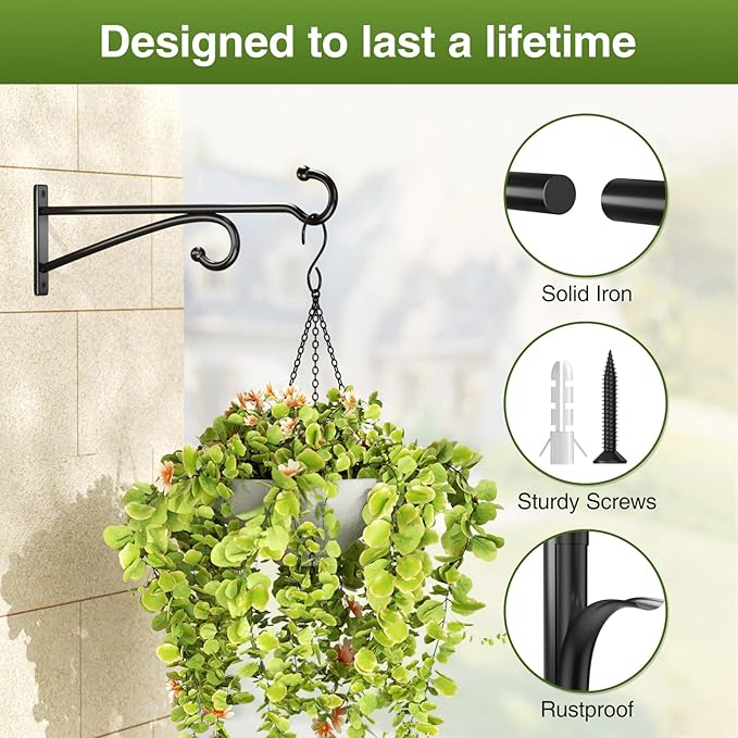 10" Plant Hanger Hook Outdoor Indoor ??Planter Hooks for Hanging Plants, Plant Wall Hooks, Brackets for Hanging Plants, Baskets, Wind Chimes, Bird Feeders, Lanterns, Bird Houses (Black, Metal, 2-Pack)