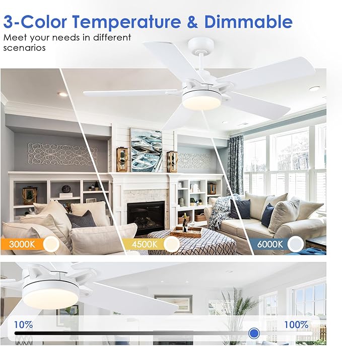 White Ceiling Fans with Lights - 52 Inch Low Profile Ceiling Fan with Remote/APP Control, 3CCT Dimmable LED Light, 6 Speeds Reversible, Modern Ceiling Fan Lights for Indoor/Outdoor Use