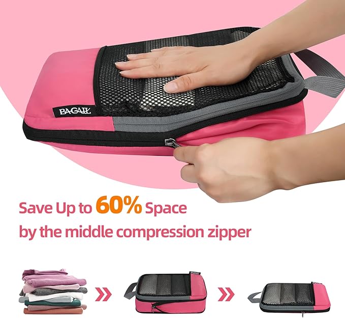 BAGAIL 4 Set/6 Set/8 Set Compression Packing Cubes Travel Accessories Expandable Packing Organizers (Half Mesh, 6-Coral)