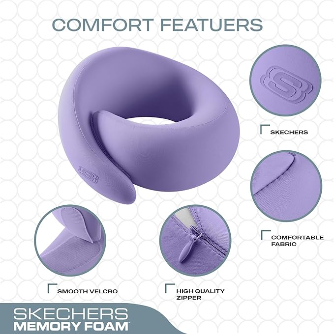 Skechers Memory Foam Travel Pillow,Comfortable & Breathable Airplane Travel Essential, Neck Pillow for Travel, Car Rides, Home, and Office Use, Ergonomic Design for Men and Women,Purple