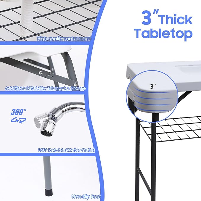 Nice C Fish Cleaning Table, Fish Cleaning Table with Sink, Camping Sink, 42.5'' Camping Table, w/Dual Universal Faucet & Spray, Drainage Hoses, Grid Rack, Basket, Toolkit for Picnic, Camping