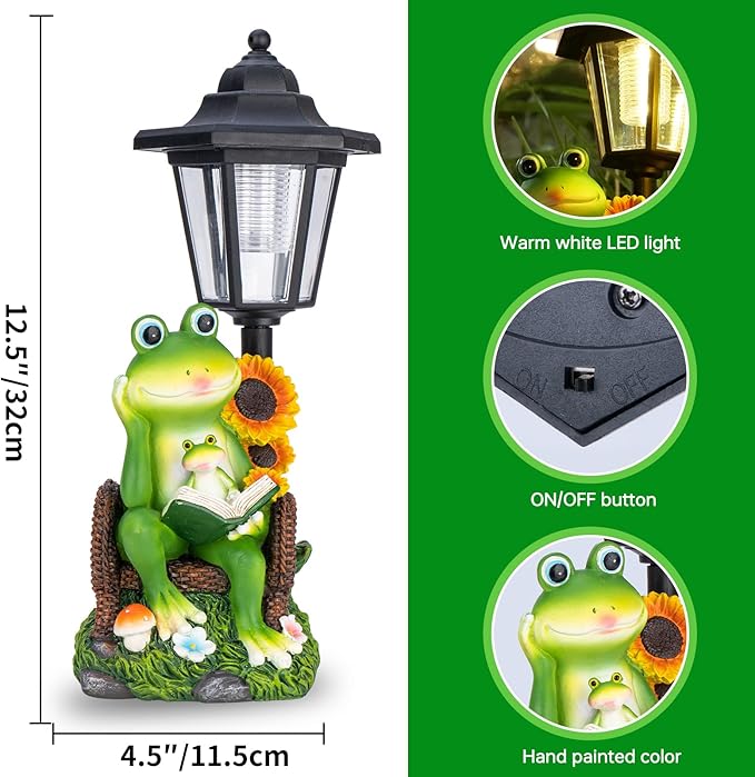 mopha Solar Garden Statues Frog Decor wth Lanterns - 12.5'' Figurines Decorations for Patio Yard Lawn Ornaments Gifts for Christmas Birthday Easter Housewarming