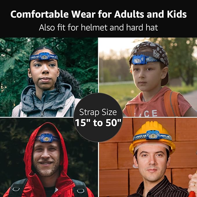 Lepro 320015 Battery Powered Headlamp - 1300Lux Super Bright LED Head Lamp with Red Light, IPX4 Waterproof Headlights for Outdoor Camping, Hiking, Hunting, Power Outages, Emergency, Hurricane - Blue