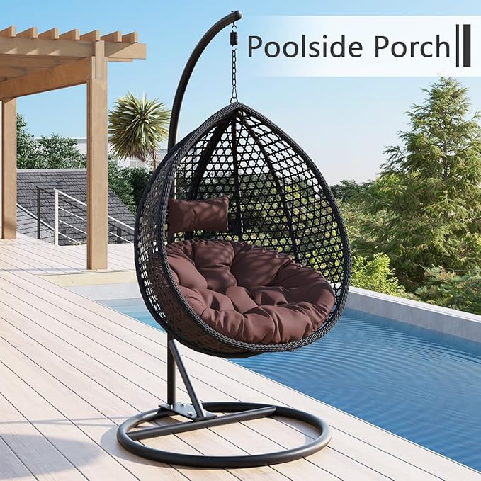 JUFU Egg Swing Chair with Stand,Hanging Egg Chair Indoor Outdoor,Hammock Hanging Basket Chair with Aluminum Steel Frame，Patio Egg Chair with Removable Cushions for Patio Balcony Backyard,Bedrooms