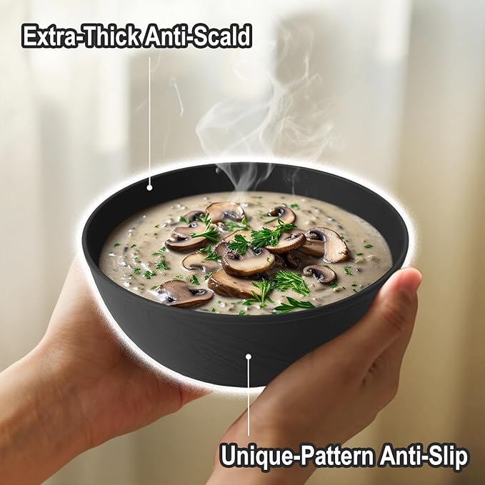 Black Cereal Bowls 40oz for Cereal Lover,Unbreakable Alternative Plastic Bowls Set of 6,Extra Thick Anti-Scald Bowl Sets suitable for Salad,Soup and Fruit.