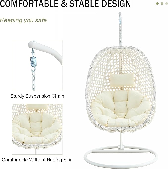 JUFU Egg Swing Chair with Stand，Patio Hanging Basket Chair Outdoor，Hammock Chair with Cushions and Pillow,Hanging Egg Chair with Aluminum Steel Frame for Indoor Bedroom Balcony